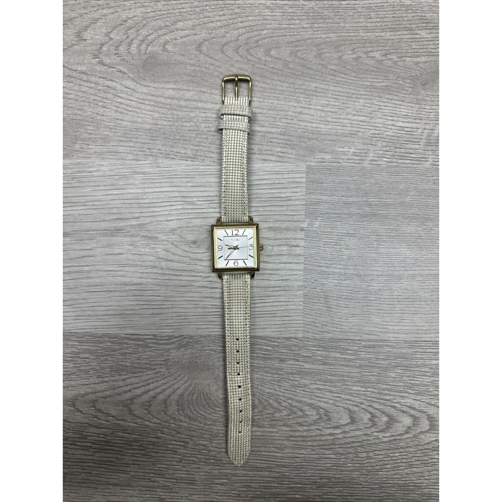 Timex Rectangular Gold Tone Quartz Watch Gold/Beige Leather Strap Very Nice